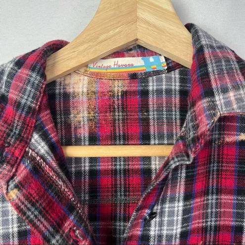 Vintage Havana  Red Plaid Bleach Dyed Button Down Flannel Happy Patch Back S