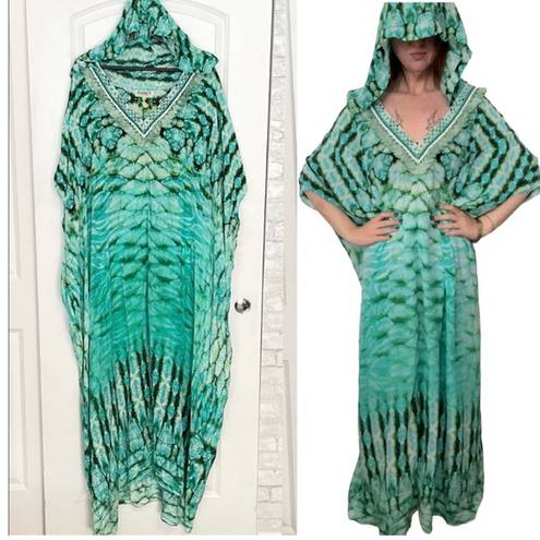 Rococo  SAND turquoise blue embellished hooded kaftan maxi x Small One Size Fits