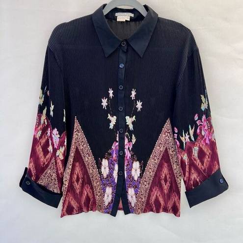 Alberto Makali  Women's Black Floral Pleated Long Sleeve Button Up Blouse Medium