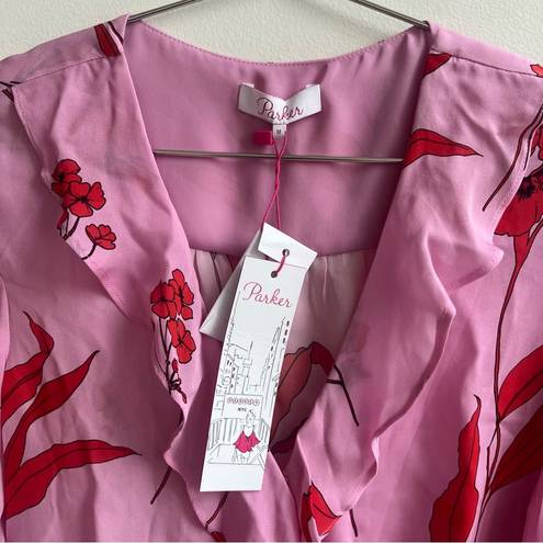 Revolve NWT Parker Pasha Ruffle Blouse Pink Red Floral Wrap Ruffle Silk  Top