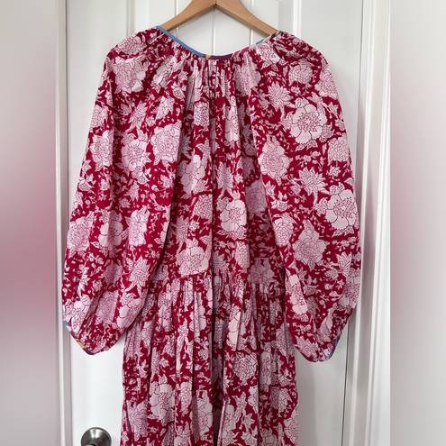 Ruby Alix of Bohemia Tuesday  Dress Red Floral Cotton Midi Dress Boho Size M