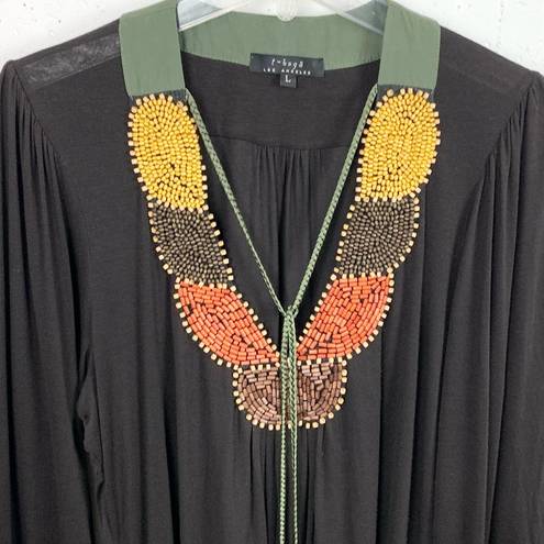 Tbags Los Angeles T-Bags Los Angeles Beaded V-Neck Tunic Top Black Green Rope Tassels Size Large