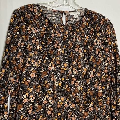 J.Jill  Petite Prairiecore Smocked Black Brown Floral Long Sleeve Blouse  SZ S