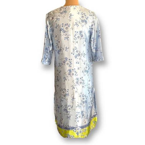 Oscar de la Renta  Pink Label Housedress Robe Reflective Blue Chartreuse Floral