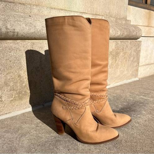 Dingo Vintage  80s high heeled suede yellow tan leather braid detail boots