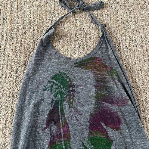 Vintage Havana  Grey Boho Open back Halter Tank Top with Fringe