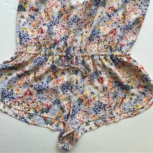 In Bloom by jonquil Pajama Romper Light Blue Lace Tie Floral Spaghetti Strap Med