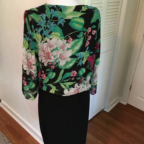 Tiana B . Sleeveless Black Dress with Floral Sheer overblouse Size 10