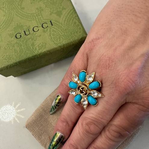 Gucci  Interlocking G Turquoise and Crystal Floral Ring