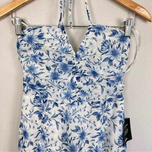 Lulus NEW  Stunning Shine White Blue Floral Print Halter Mini Dress XS NWT