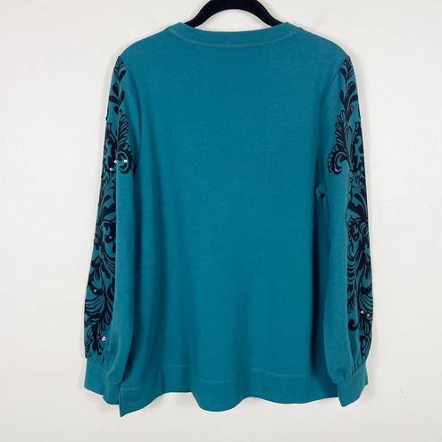 Chico's  Zenergy Sequined French Terry Scrolls Sweatshirt in Peacock Teal