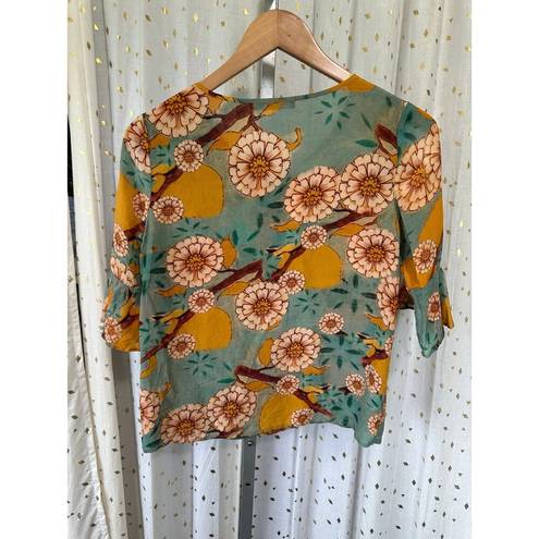 Mulberry Lonyuash 100%  Silk Floral Sheer Flare Cutout Sleeves Front Tie Blouse S