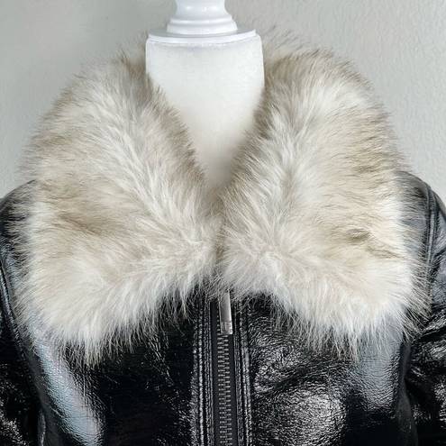 Unreal Fur Wet Look Aviator Biker Jacket Faux Leather & Fur Black Size Large NWT