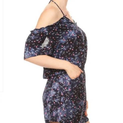 One Piece Floral Romper Off Shoulder Cold Navy Shorts Flowers  Outfit Jumpsuit L