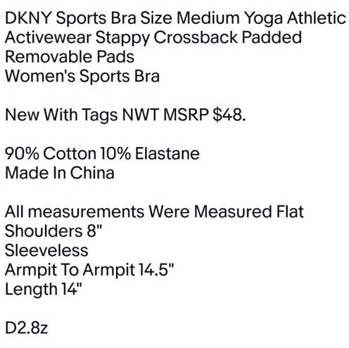 DKNY  Sports Bra Size Medium Yoga Athletic Activewear Stappy Crossback Padded Removable Pads