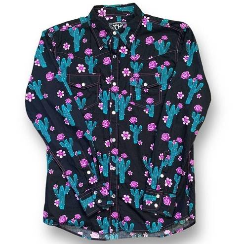 Blossom Cowgirl Hardware Shirt Black Pink Cactus  Floral Snap Front Western Top