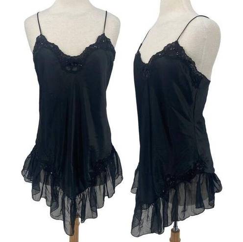 Victoria's Secret Vintage  Gold Label Lace Trim Beaded Sequined Nightie Slip Black