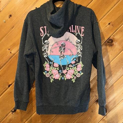 Obsessive Love “Staying alive” skeleton floral gray hooded sweatshirt