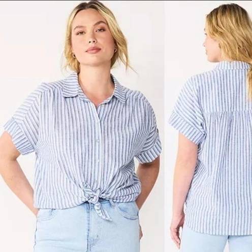 Draper James  Linen Blend Striped Roll Sleeve Women Large Button Front Top