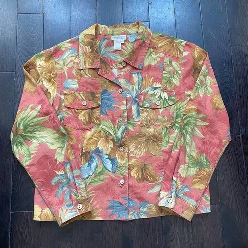 Coldwater Creek Vintage  Floral Canvas Denim Jacket Women's Made In USA Sz. Large