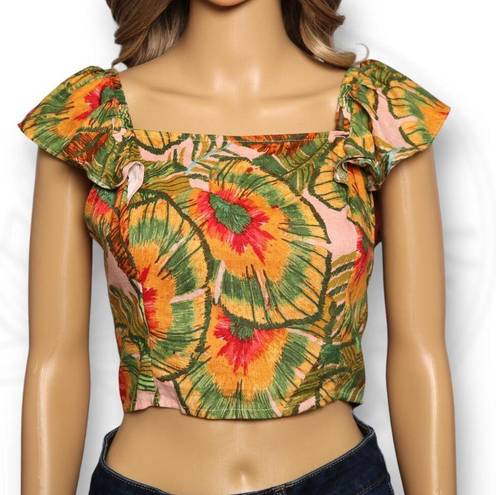 Cynthia Rowley  Linen Blend Tropical Print Crop Top Ruffle Sleeve Multicolor Sz M