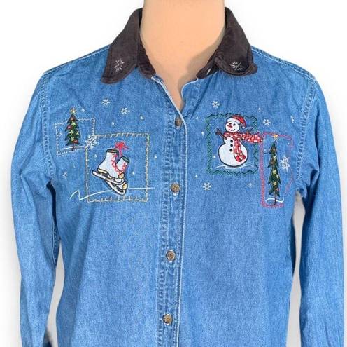 Basic Editions  Vintage Shirt Chambray Holiday Button Front Black Velvet Snowman