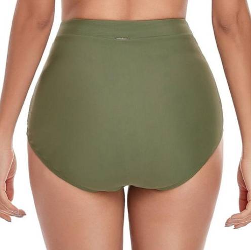 Relleciga NWT  Swim High Waisted Ruched Retro Bikini Bottom Army Green Size XL