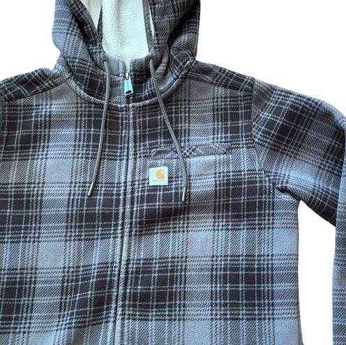 Carhartt  Womens Fleece Gray Plaid Hooded Zip Up Jacket Curved Hem Size Small 4-6