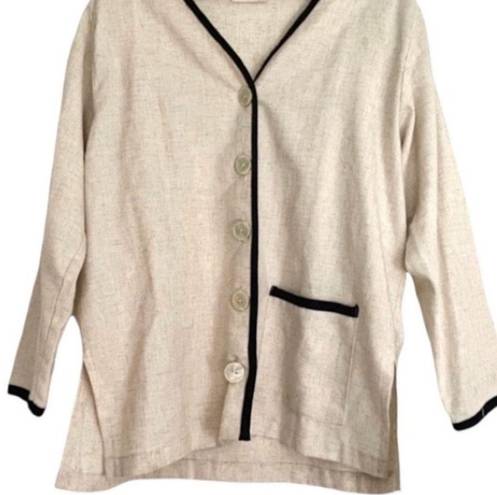 Kathie Lee Collection Beige and Black Linen-Type Button Up Cardigan