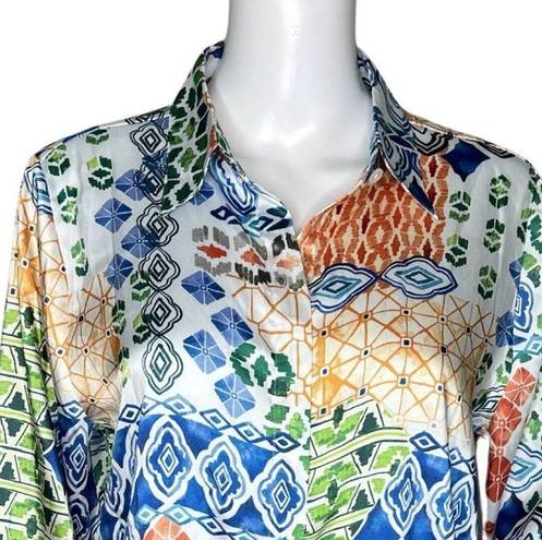 Chico's  Shirt Womens Medium 8 10 Multicolor Geometric Button Up Casual Career