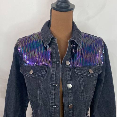 Le lis  shimmer and shine sequined cropped denim jacket with fringe hem size S