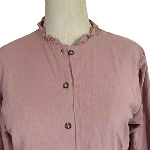 Petal Loup Liz Ruffle Button Up Cotton Blouse Top in  Pink Mauve