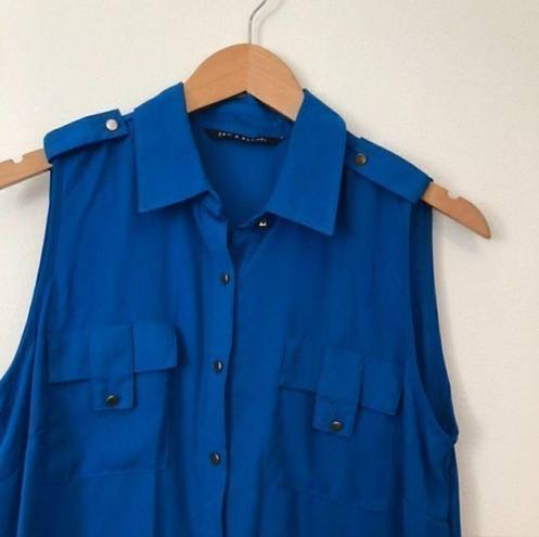 Zac and Rachel  Solid Bright Blue Utility Button Down Sleeveless High Low Hi-Lo Top