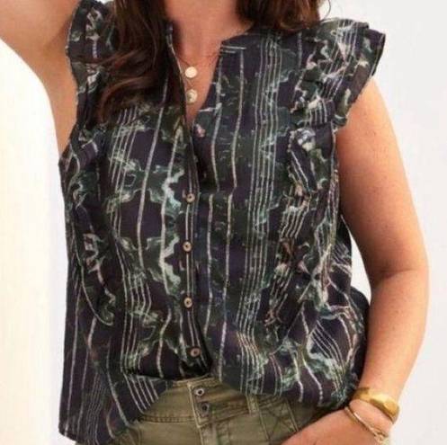 Pilcro  Anthropologie Floral Sleeveless Ruffle Blouse Button Down