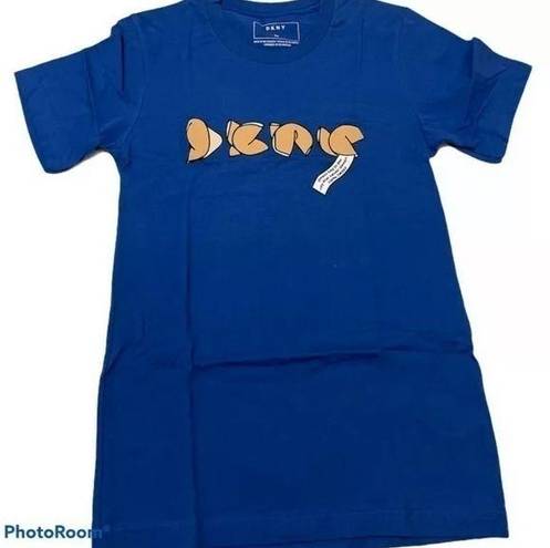 DKNY  Womens Tunic T-Shirt Blue Brown Short Sleeve Crew Neck Spellout XS New