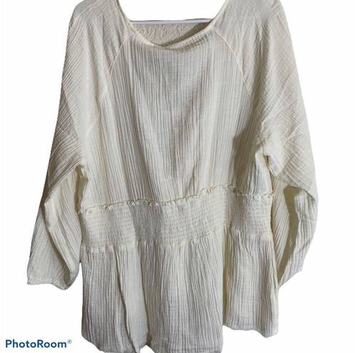 True Craft  Plus Size Smock Waist Peasant Top in Ivory Bow Tie Detail Blouse