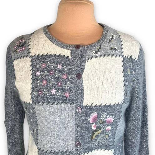 Dress Barn Vintage  Cardigan Sweater Knit Gray Patchwork Round Neck Pastel Floral