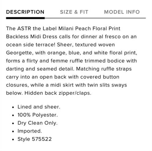 ASTR the Label Milanin Peach Floral Backless Ruffle Midi Dress