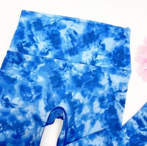 Luna K-DEER  Tie Dye Print High Waisted High Rise Sneaker Length Leggings Blue