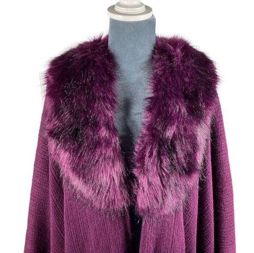 Young USA Knit Poncho Cape Shawl Faux Fur Collar Fringe OSFM Plum Purple NEW!