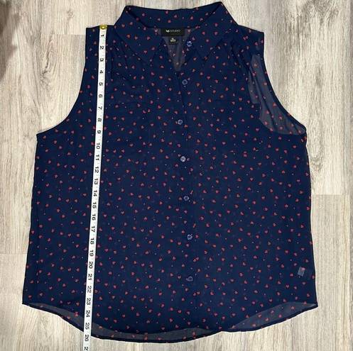 AB Studio Sleeveless Navy Sheer Blouse Red Hearts Print Collared Button Size XL