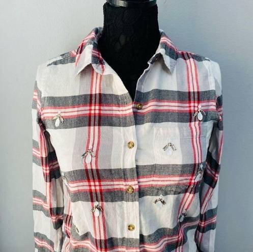 SO Sz S Embellished Plaid Flannel Button Down Top