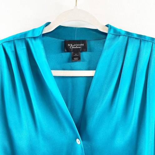 St. John  Couture Button Down Long Sleeve Silky Blouse Shirt Teal Blue 6