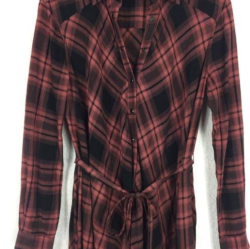 ALLSAINTS  Tala Red Check Plaid Asymmetric Hem Button Shirt Dress XS