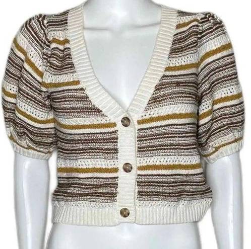 House of Harlow  1960 Metallic Striped Cream Brown Puff Sleeve Cardigan Sweater L