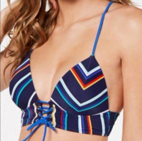 Hula Honey  Women's Navy Skinny Mini Stripe Push-Up Midkini Swim Top sz Jr’s S