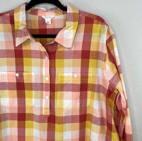 Caslon Colorful Plaid Long Sleeve Cotton Becca Tunic Top Rust Oversized Large NWOT