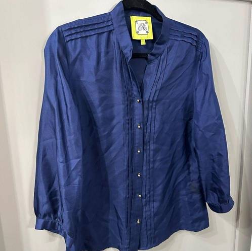 Buttons Elizabeth Mckay Blue Silk Blouse Pintuck Pleated Front Gold  Size 8