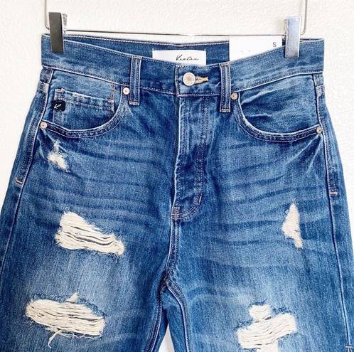 Bermuda KanCan Dark Wash Distressed  High Waist Button Fly Raw Hem Jean Shorts