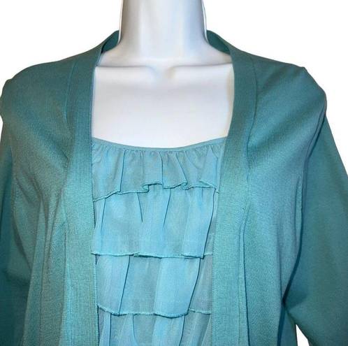 August Silk  Layered Top With Ruffle Inset Trellis Turquoise NWT $68 Large